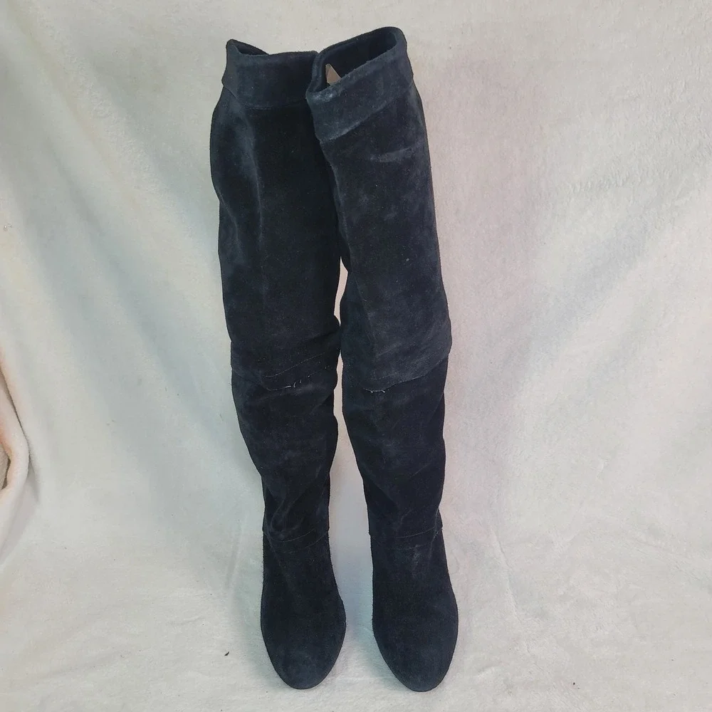Tory Burch Y2K Black Suede Wedge High Boots‎ Designer Office Whimsigoth Size 7